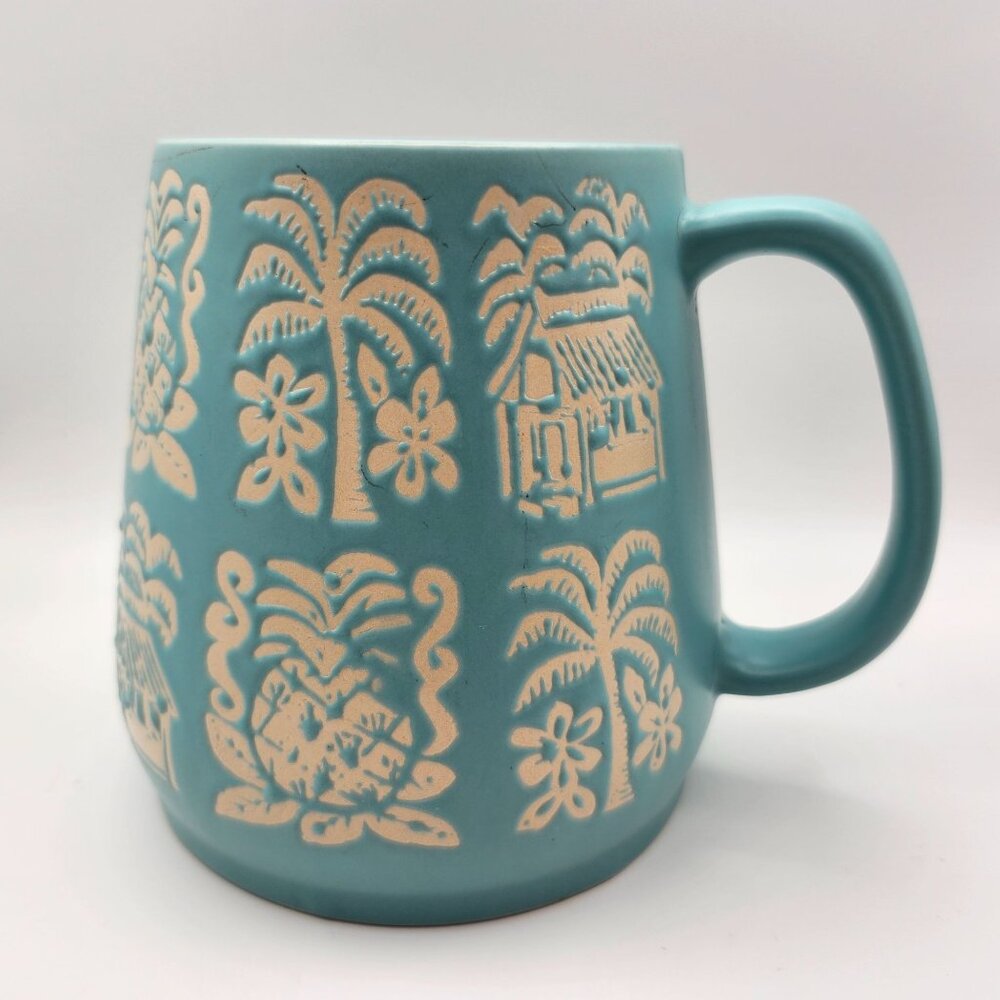 Opalhouse Blue Ceramic Mug Tropical Design Huts Pineapples Palms 24oz Tiki